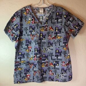 Disney Halloween‎ Mickey Minnie Goofy Pluto Haunted House Scrub Top Medium 0304